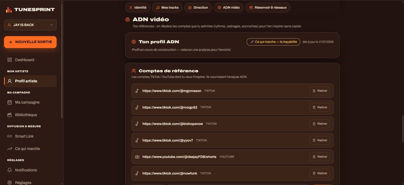 Écran ADN vidéo de TuneSprint : profil ADN et comptes de référence TikTok et YouTube
