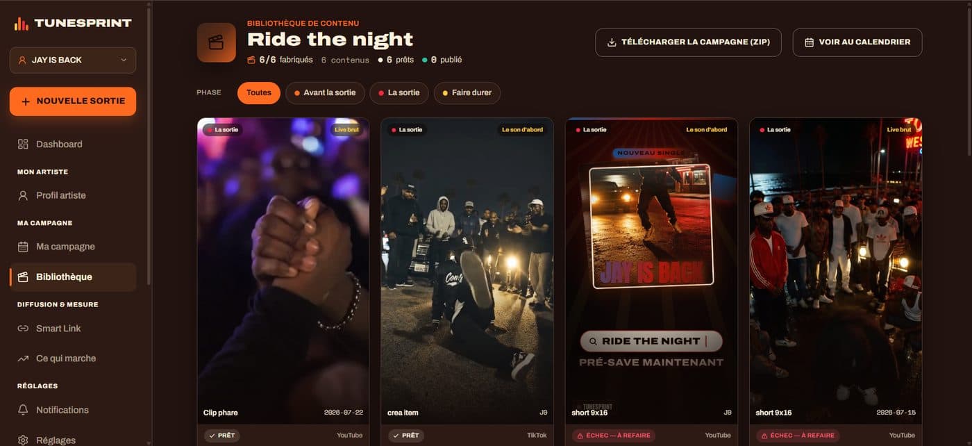 Bibliothèque de contenu TuneSprint : la campagne « Ride the night » avec ses contenus datés