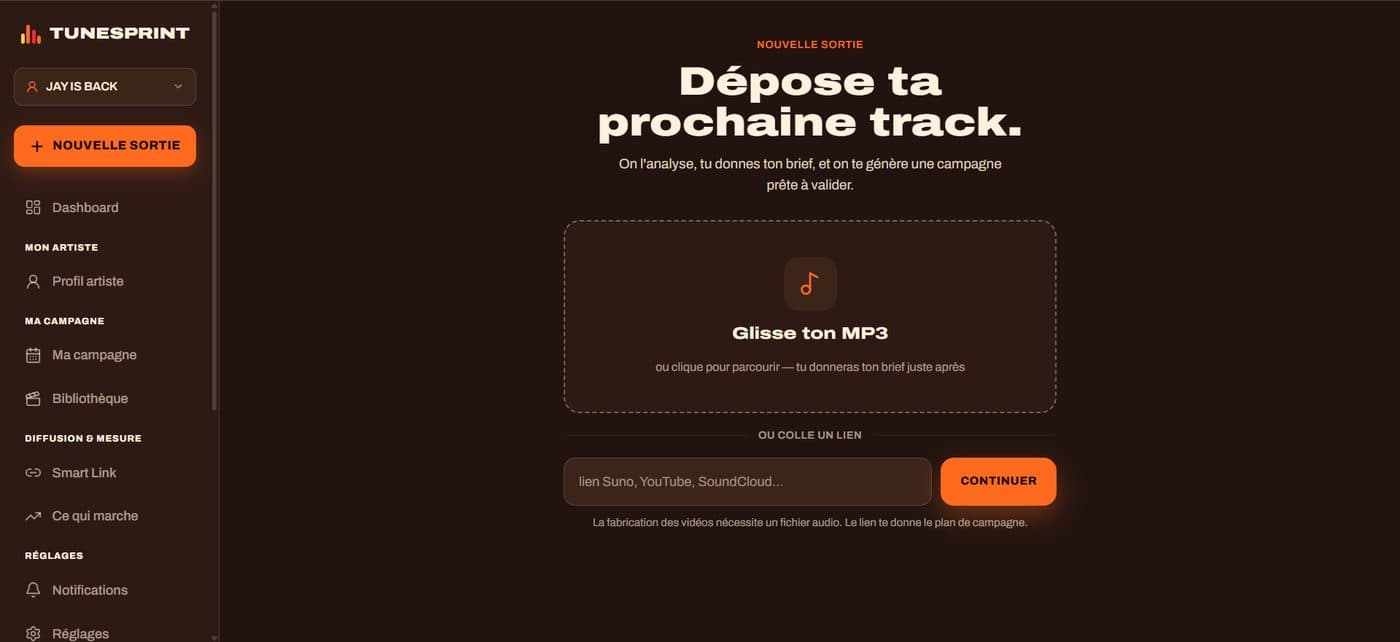 Écran de dépôt TuneSprint : glisser un MP3 pour lancer une sortie
